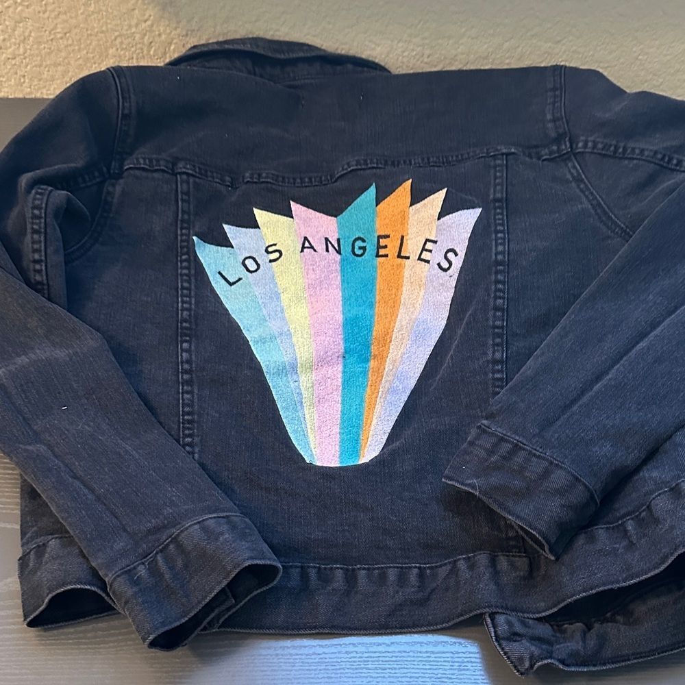 PacSun Black Jean Jacket with Multicolor Embroidered Los Angeles Design on Back